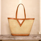Large Square Cane Weave Rattan Tote with Triangle