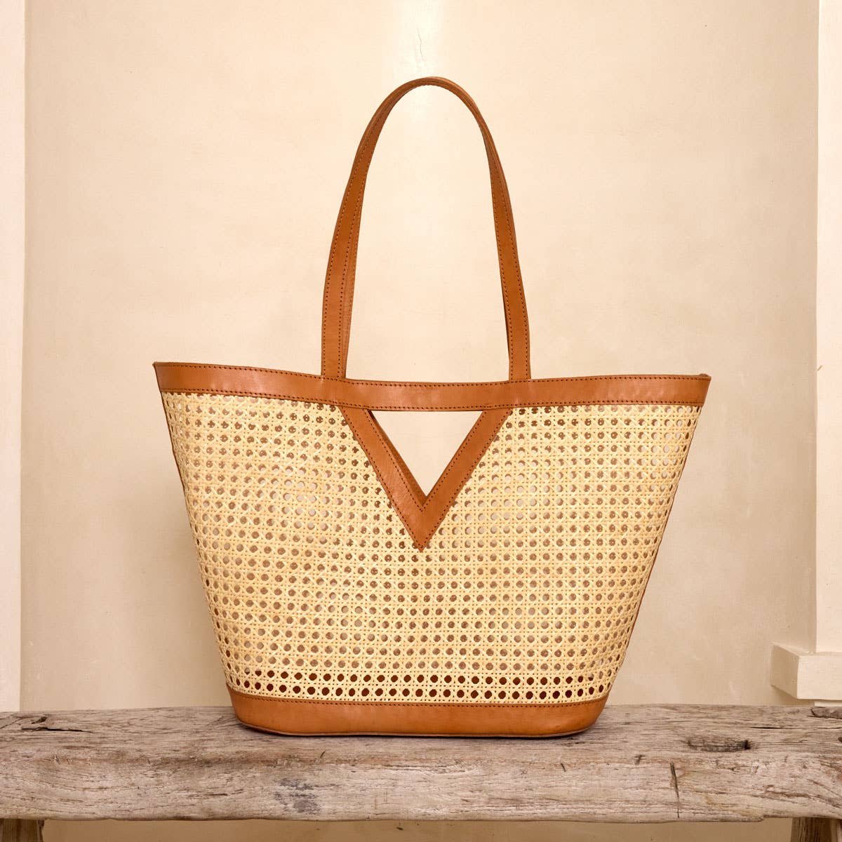 Large Square Cane Weave Rattan Tote with Triangle