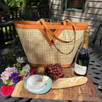Large Square Cane Weave Rattan Tote with Triangle