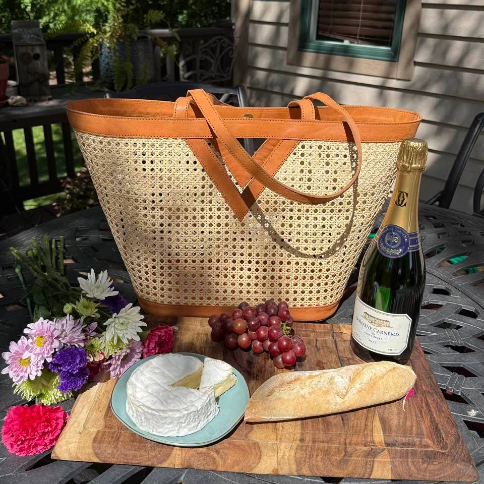 Large Square Cane Weave Rattan Tote with Triangle
