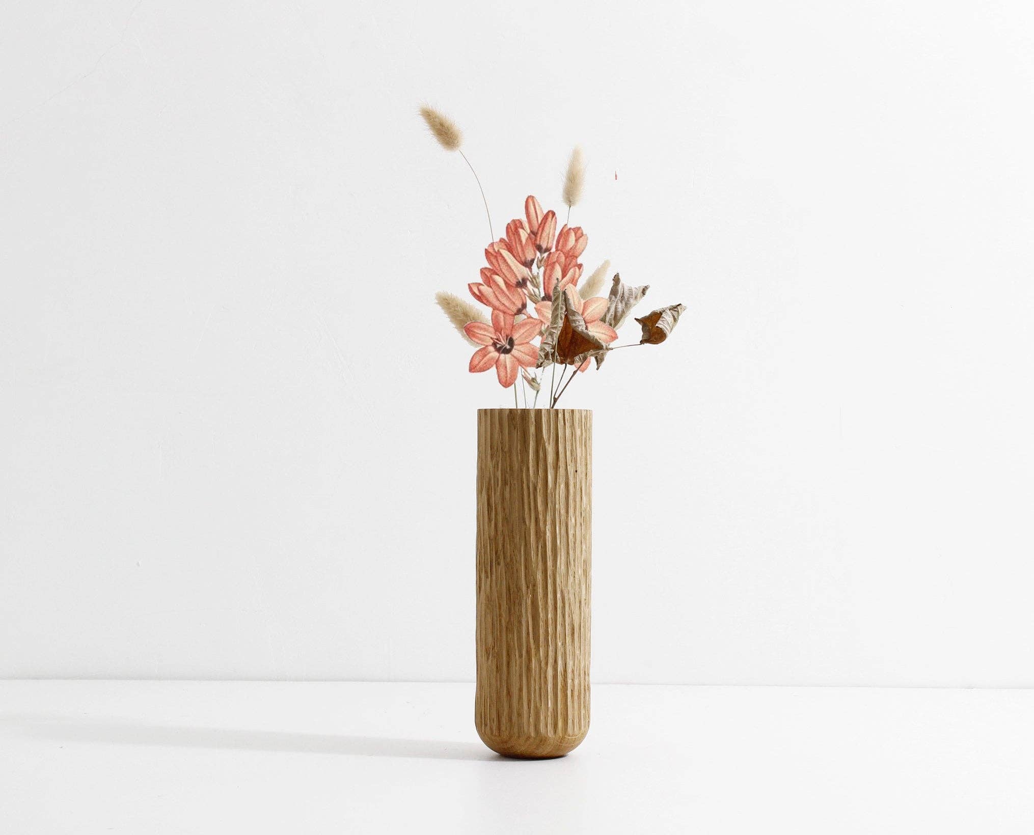 "Geyser" Vase In Solid Oak, Turned, Hand-Textured.
