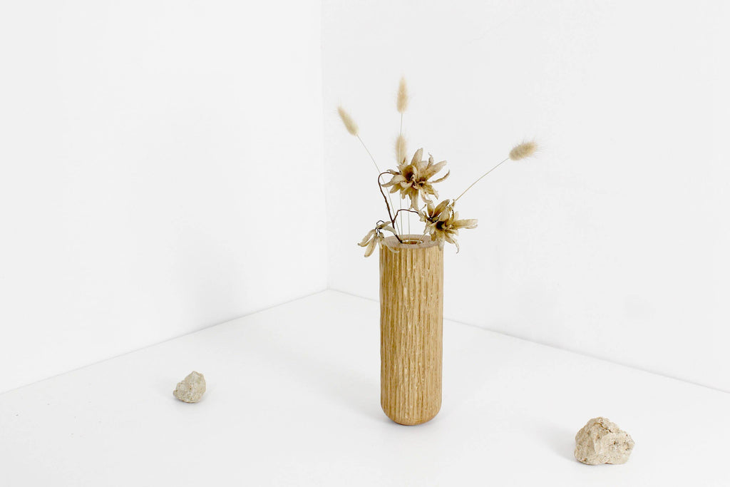 "Geyser" Vase In Solid Oak, Turned, Hand-Textured.