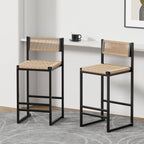 2-Piece Counter Bar Stools Woven Paper Rope Seat& Footrest