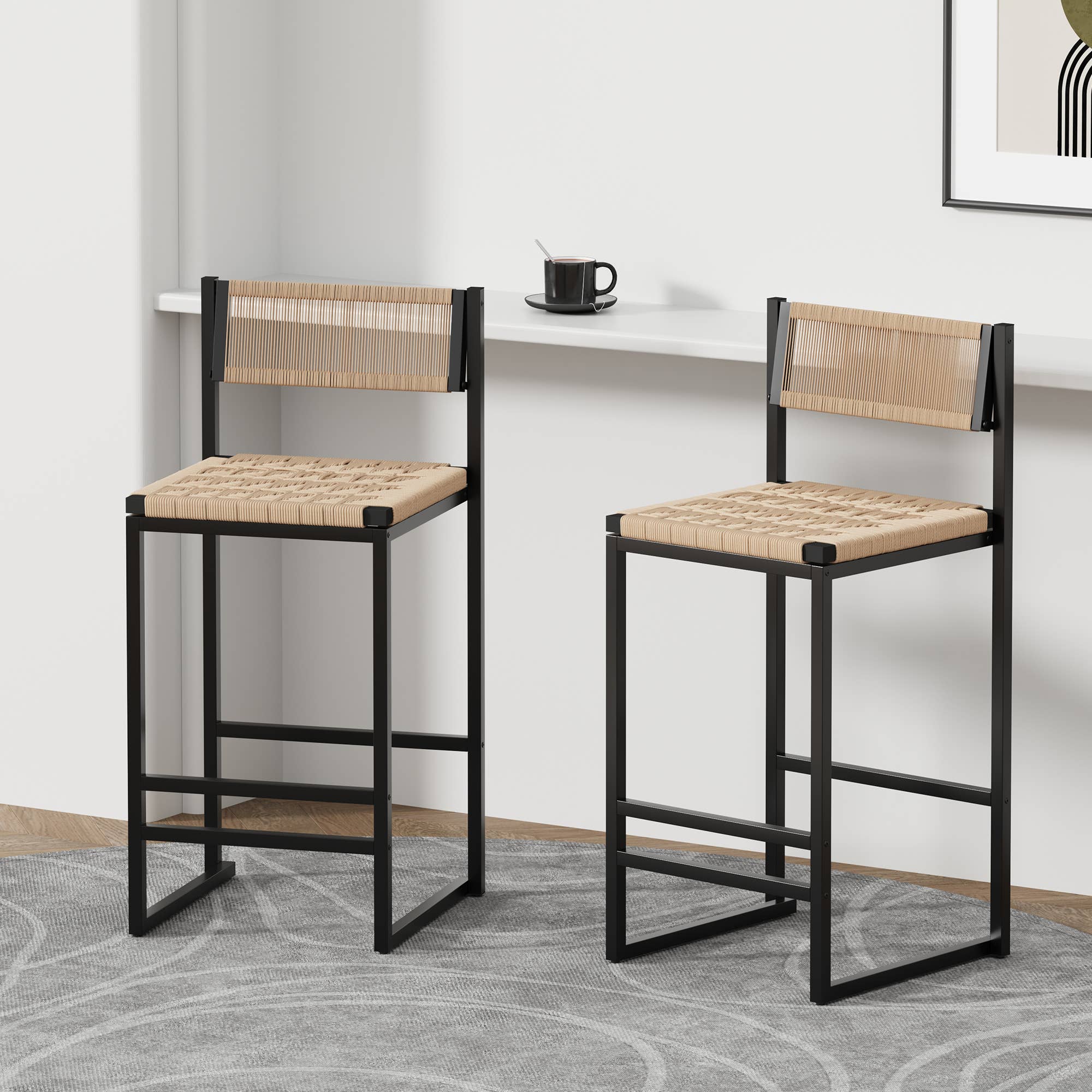 2-Piece Counter Bar Stools Woven Paper Rope Seat& Footrest