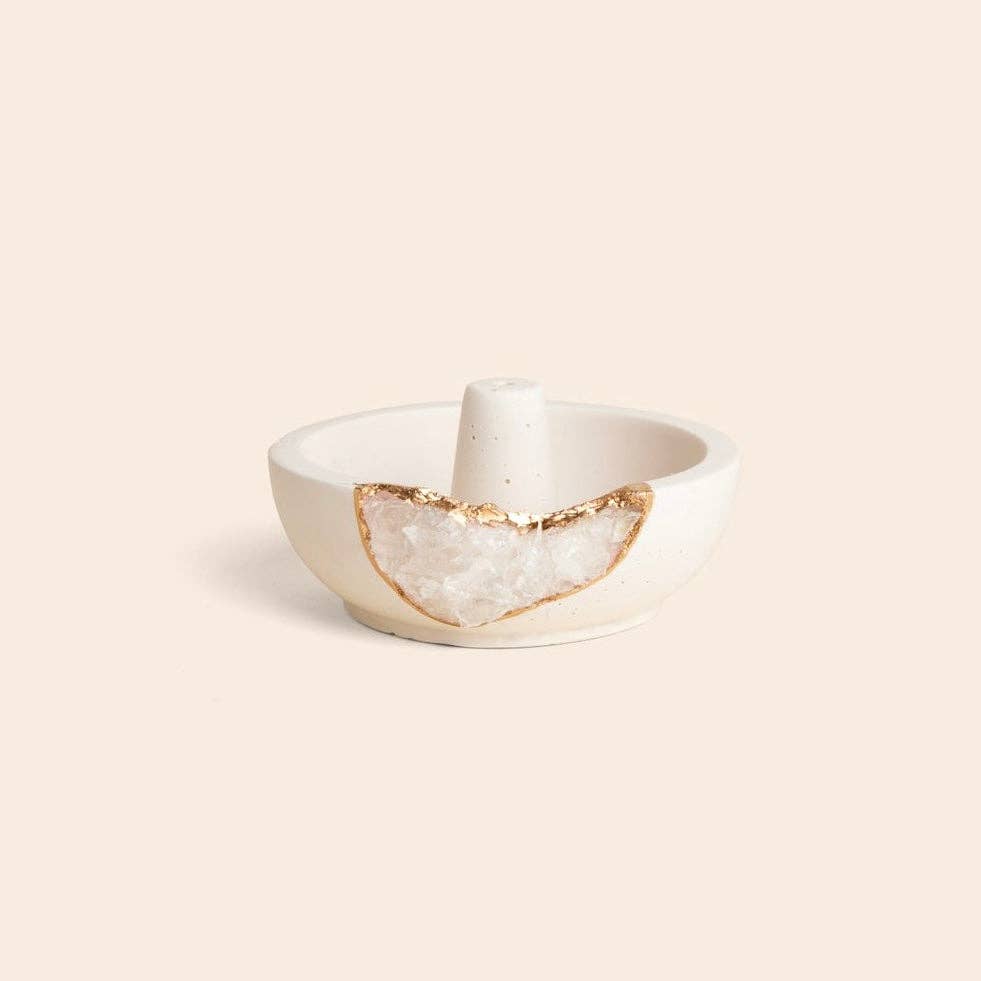 Natural Quartz Geode Incense Holder – White & Gold - Crystal
