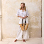Rattan Beach Basket Tote Bag with Dark Leather Trim