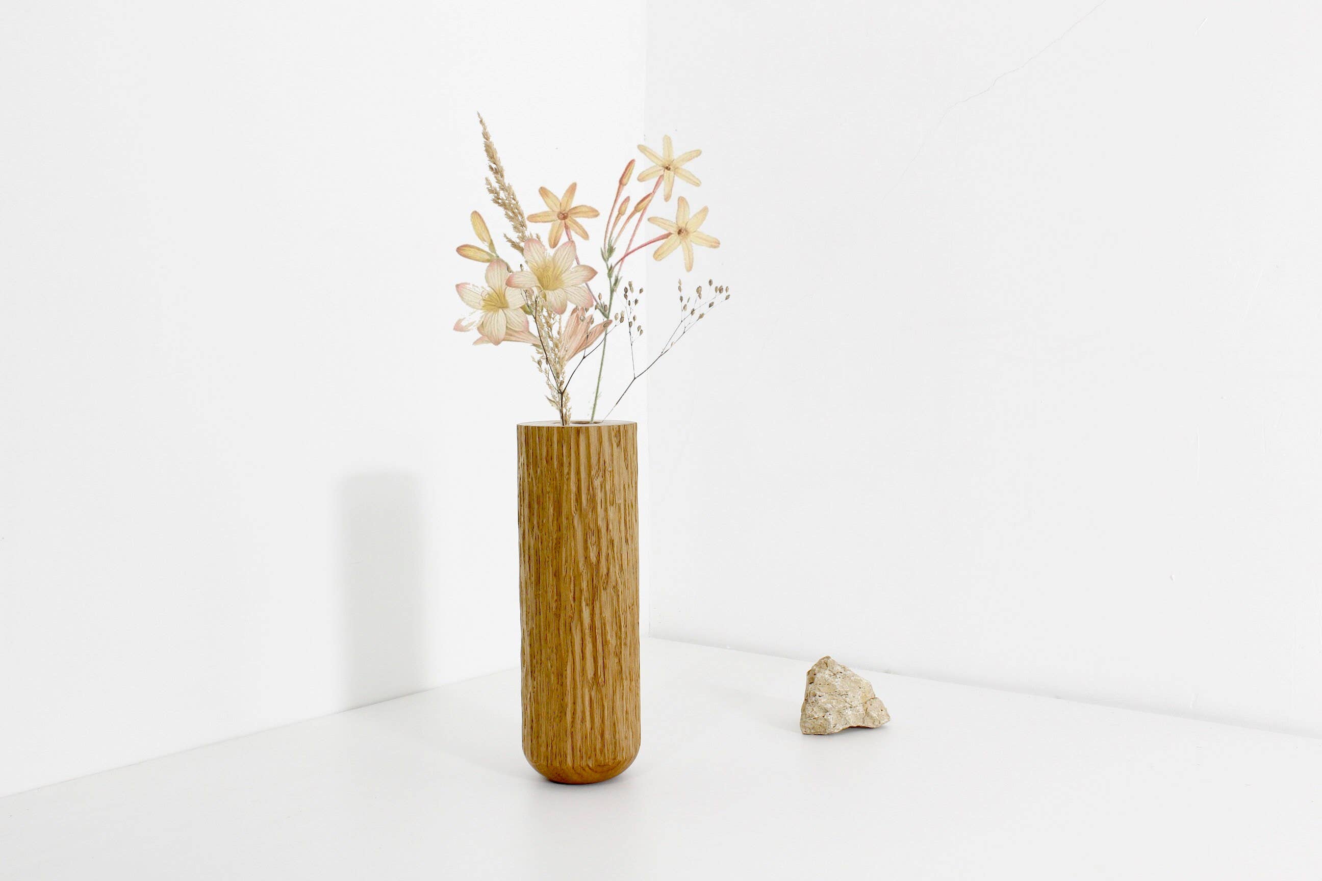 "Geyser" Vase In Solid Oak, Turned, Hand-Textured.