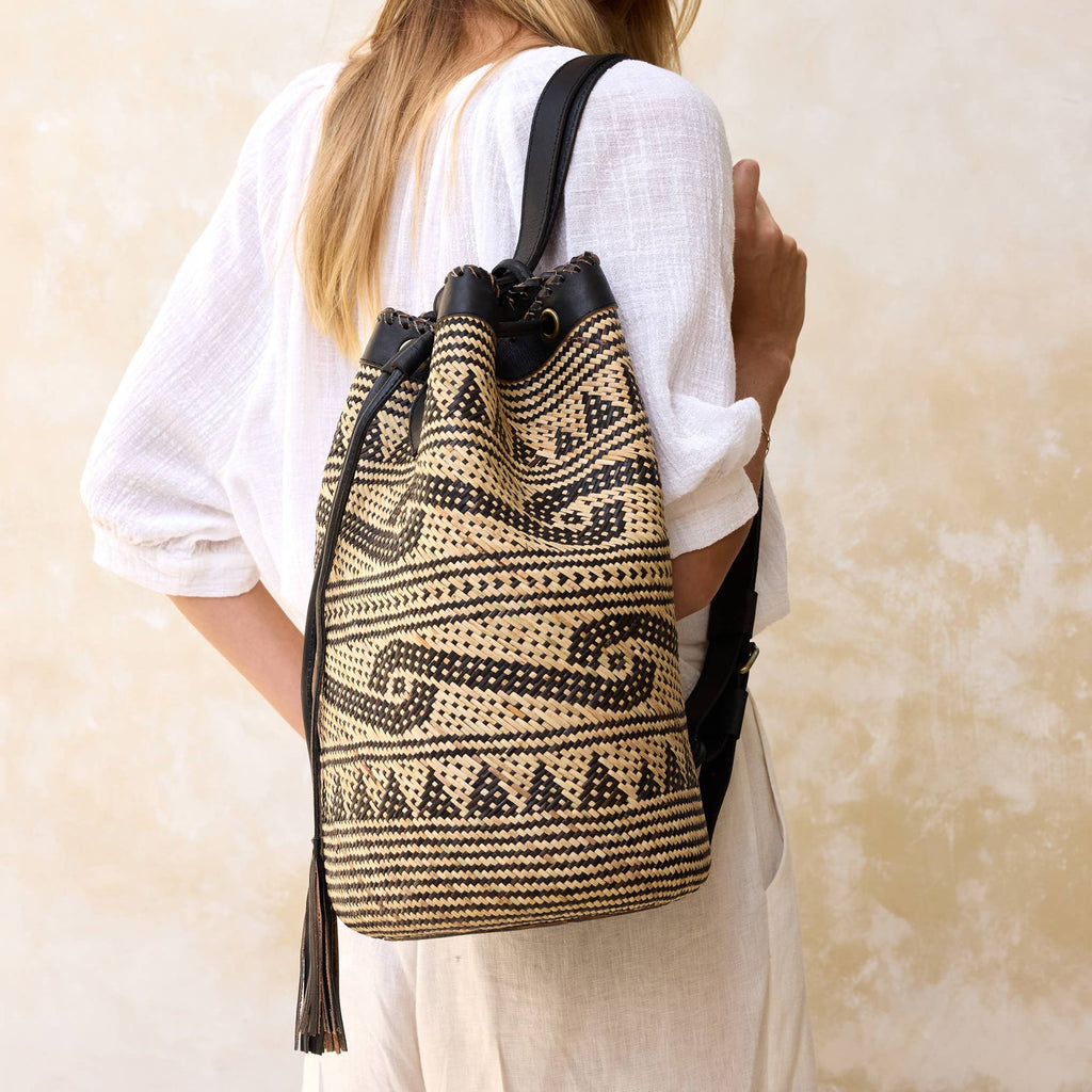 Rattan Sling Backpack - Tribal Patten Dark Leather - Large