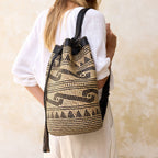 Rattan Sling Backpack - Tribal Patten Dark Leather - Large