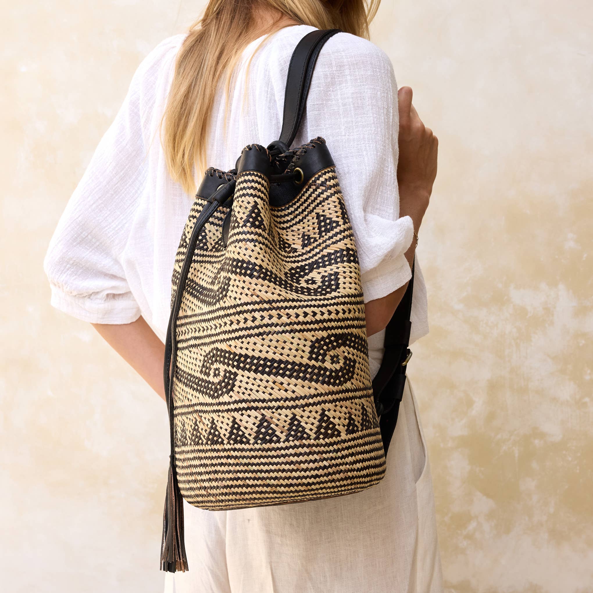 Rattan Sling Backpack - Tribal Patten Dark Leather - Large