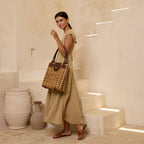 Large Dark Brown Rattan Handbag with Twist Closure