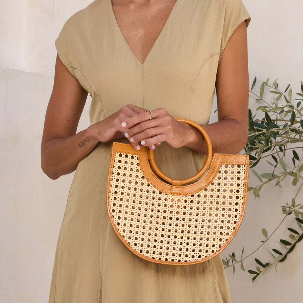Brown Leather Square Cane Weave Rattan Handbag with Leather