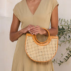 Brown Leather Square Cane Weave Rattan Handbag with Leather