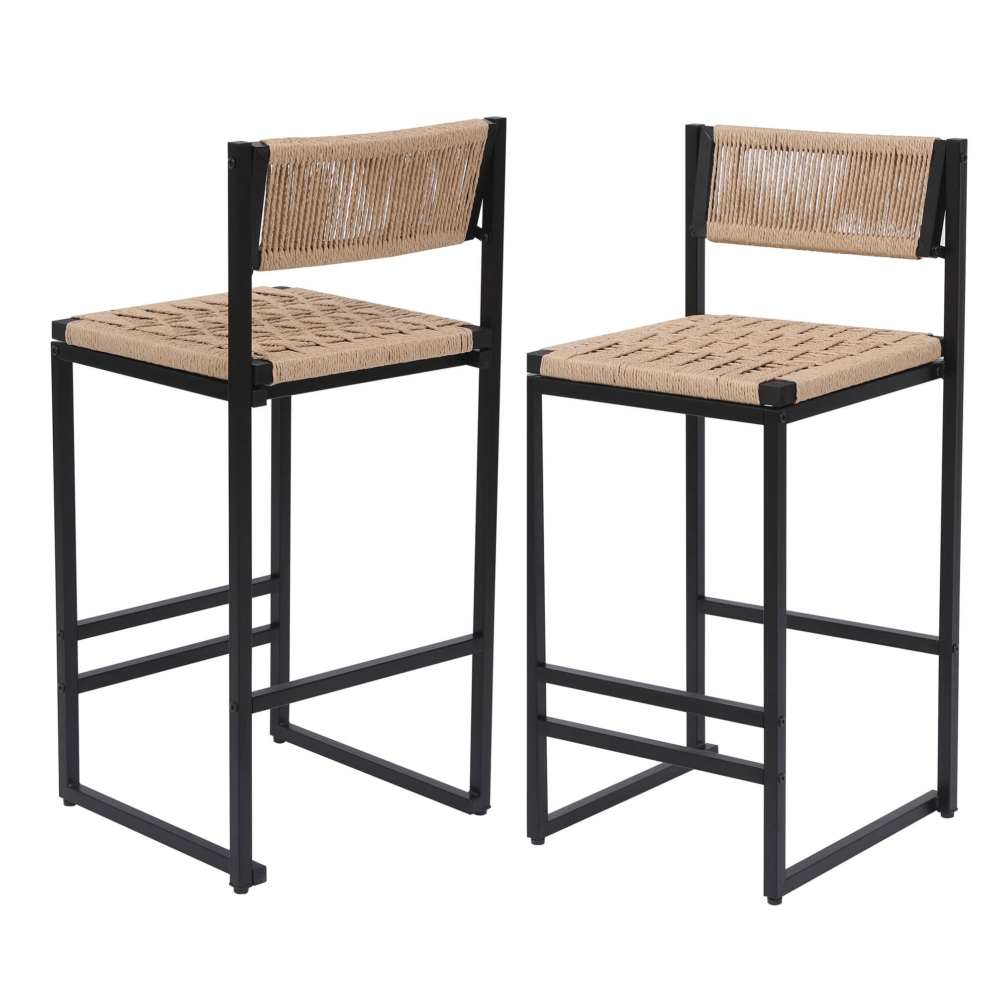 2-Piece Counter Bar Stools Woven Paper Rope Seat& Footrest