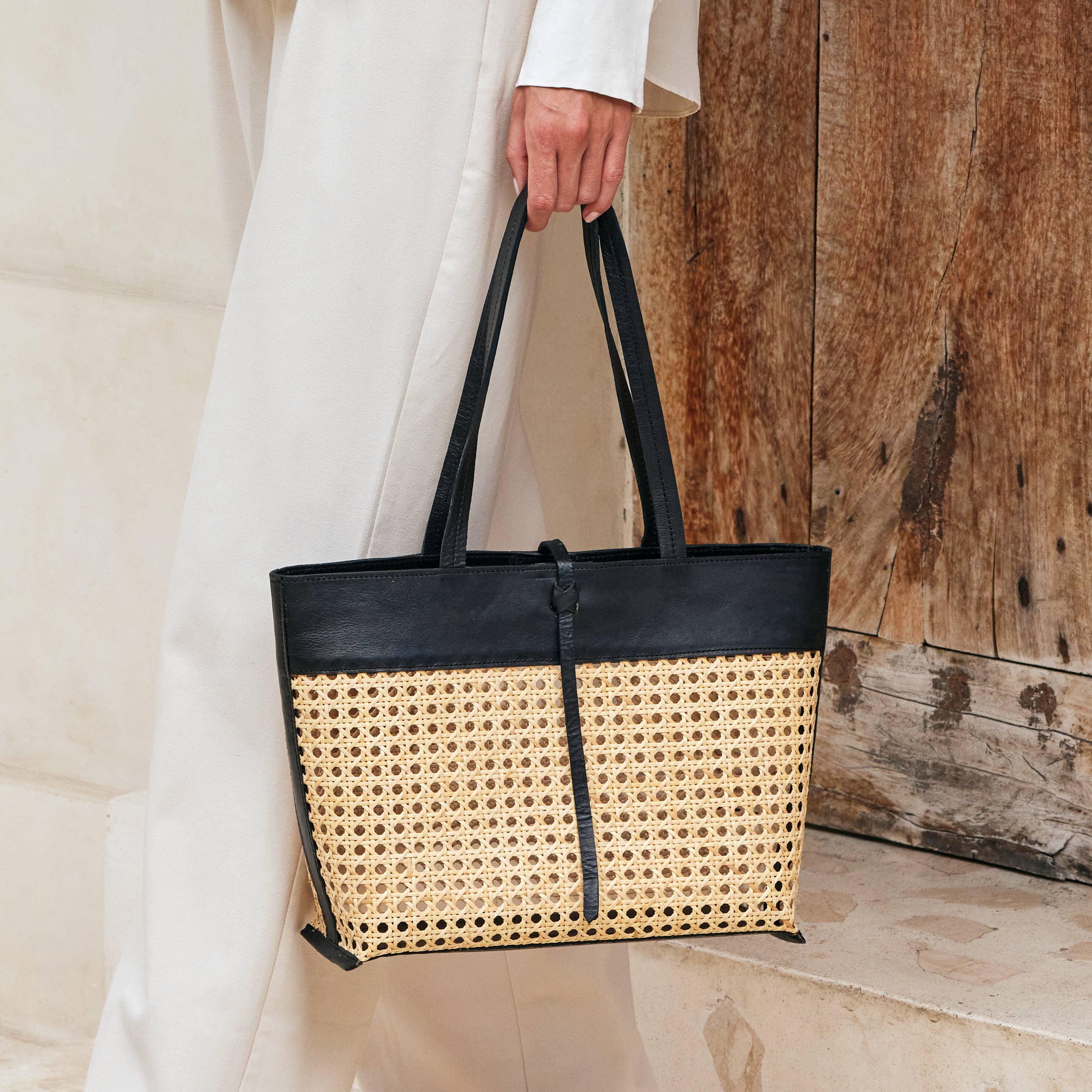 Rattan Cane Weave Tote Bag with Black Leather Trim - Medium