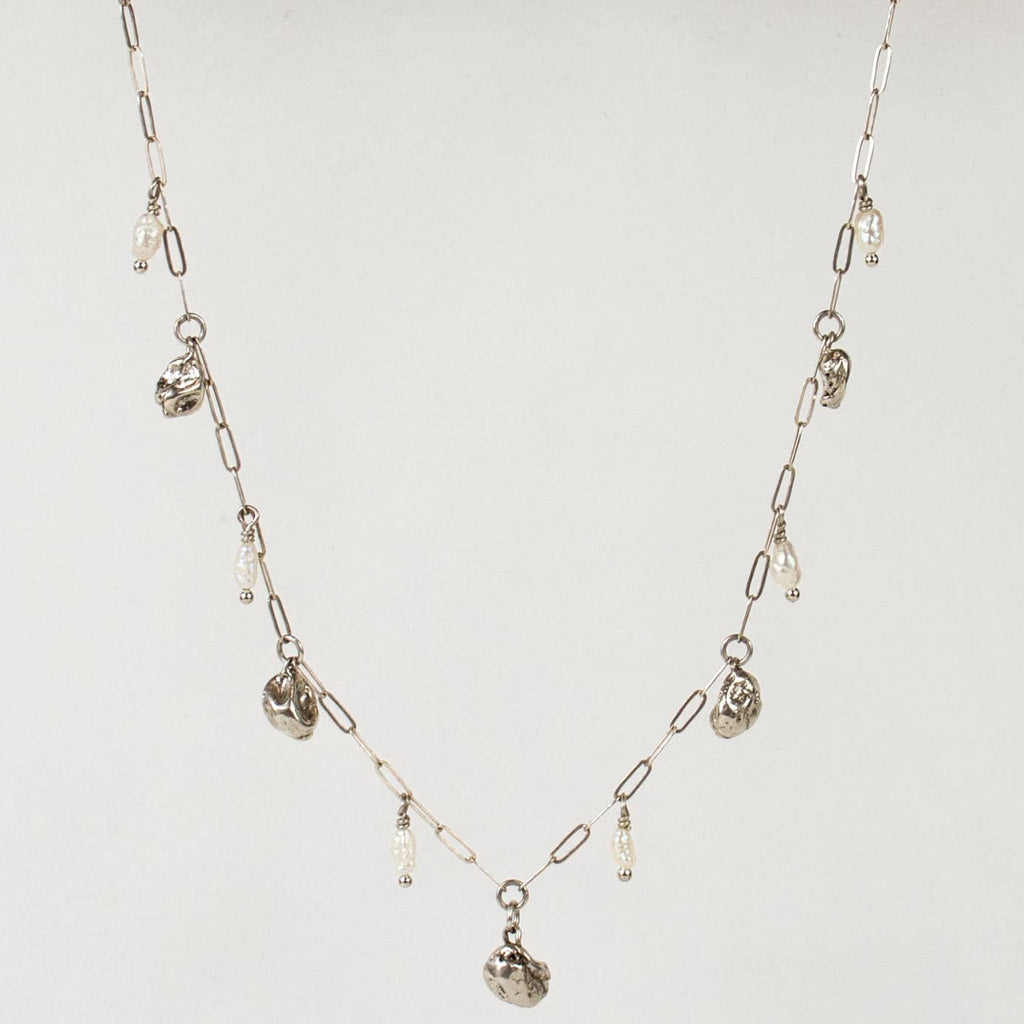 SILVER SEAWEED PODS & PEARLS NECKLACE