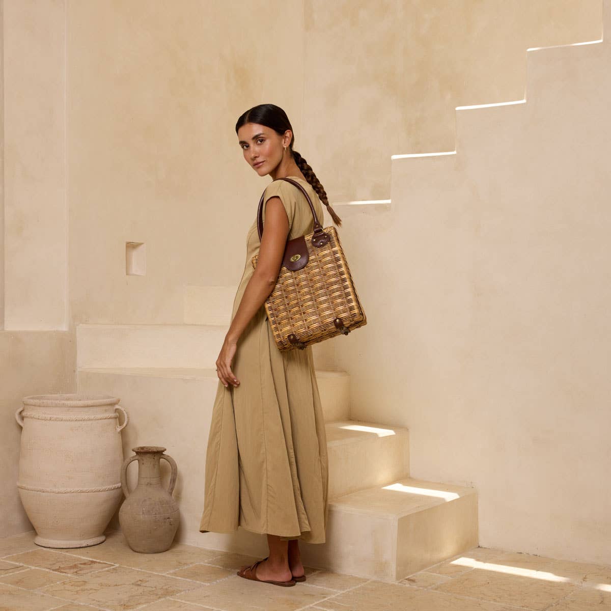 Large Dark Brown Rattan Handbag with Twist Closure