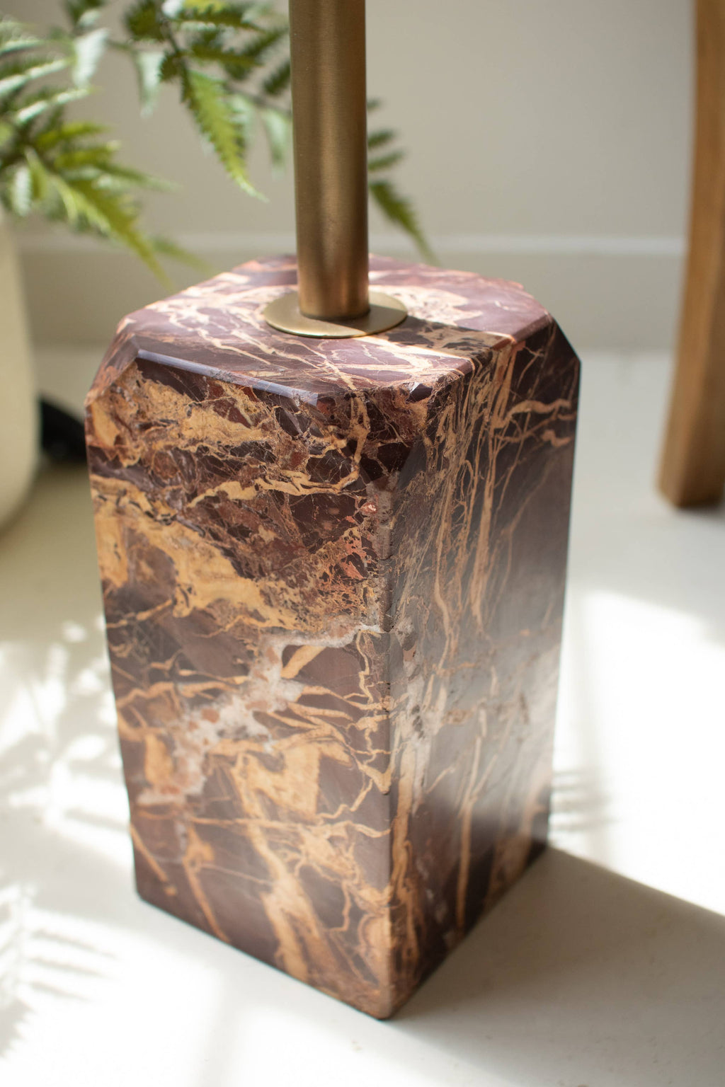 FLOOR LAMP WITH RED MARBLE BASE AND RATTAN SHADE