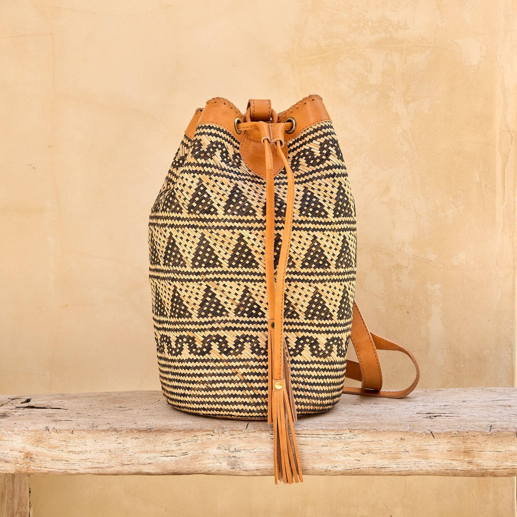 Rattan Sling Bag - Tribal Patten with Light Leather -  Large