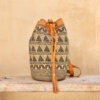 Rattan Sling Bag - Tribal Patten with Light Leather -  Large