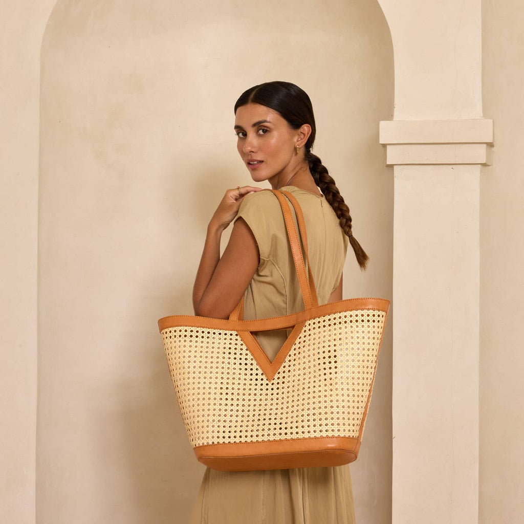 Large Square Cane Weave Rattan Tote with Triangle