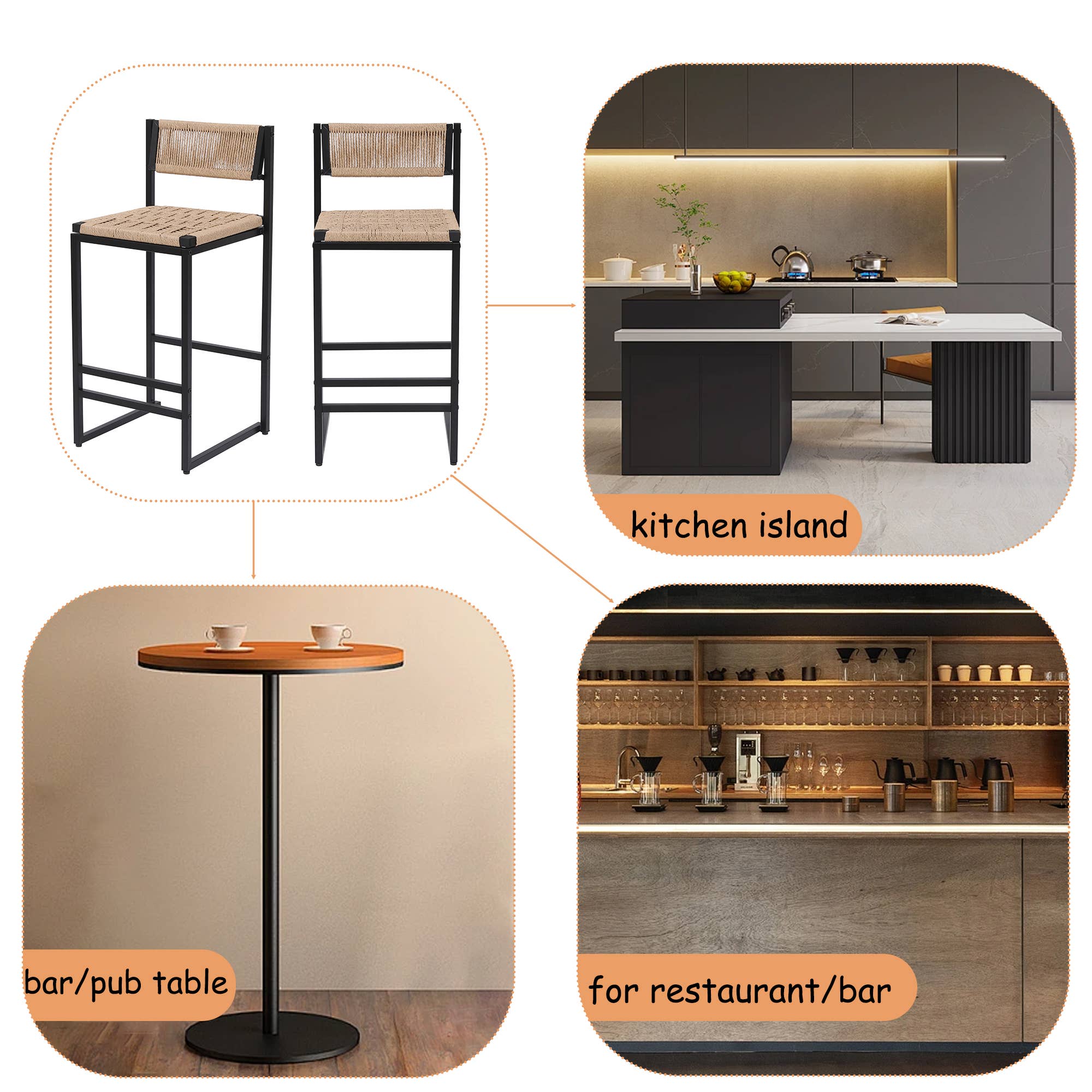 2-Piece Counter Bar Stools Woven Paper Rope Seat& Footrest